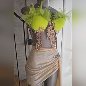 Iridescent Lime Gold Dress with Rhinestone Bustier Prom Wedding Birthday